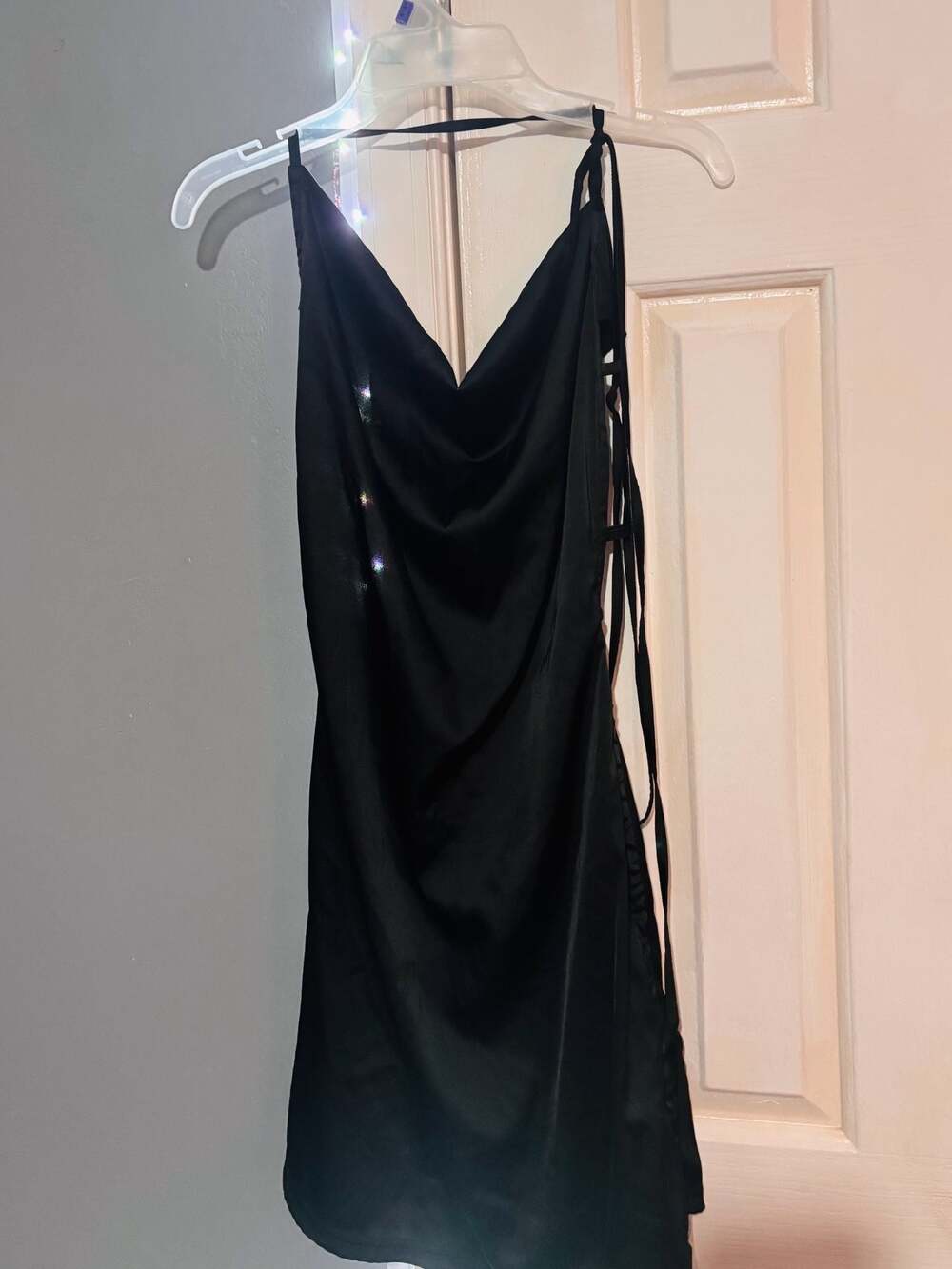 SHEIN Black Satin Cowl Neck Lace Up Back Mini Dress
